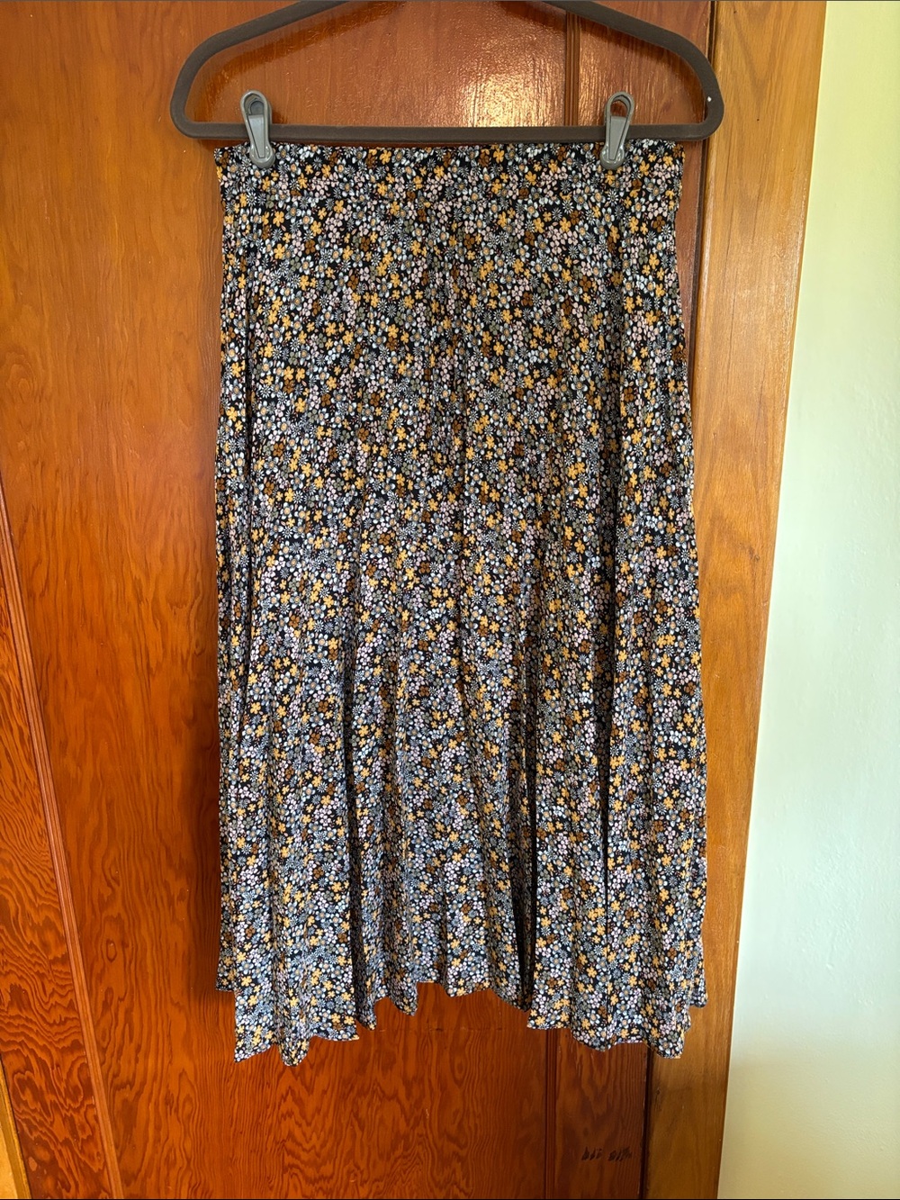 Max Studio Black Floral Maxi Skirt with Mustard and Cream Accents